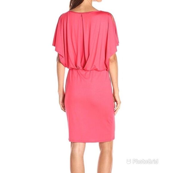TRINA TURK Jersey Knit Sheath Dress Stretch Short Sleeve Blouson Coral Small New - Picture 2 of 16